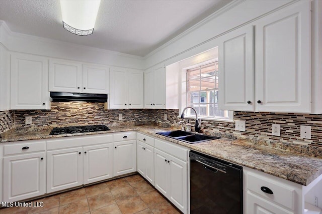 kitchen with crown molding, white cabinets, black appliances, and sink