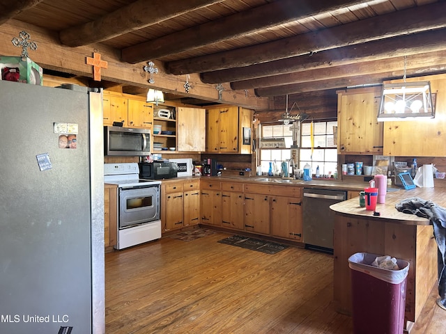 kitchen featuring decorative light fixtures, wooden ceiling, beamed ceiling, hardwood / wood-style floors, and appliances with stainless steel finishes