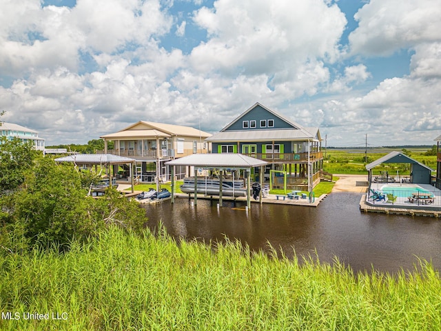 view of dock with a water view