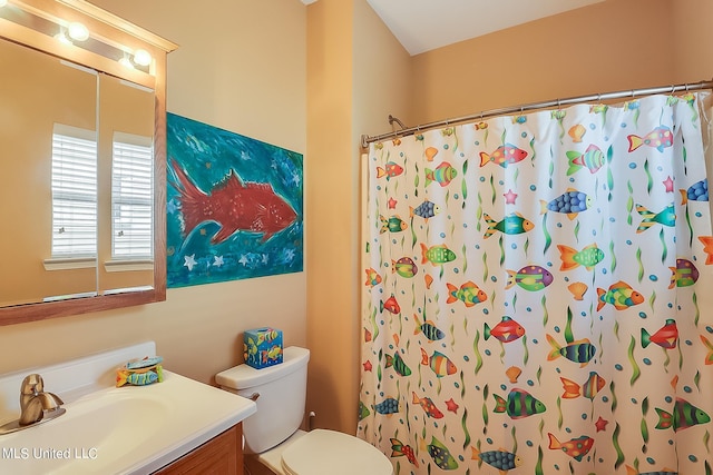 bathroom with vanity, toilet, and a shower with shower curtain