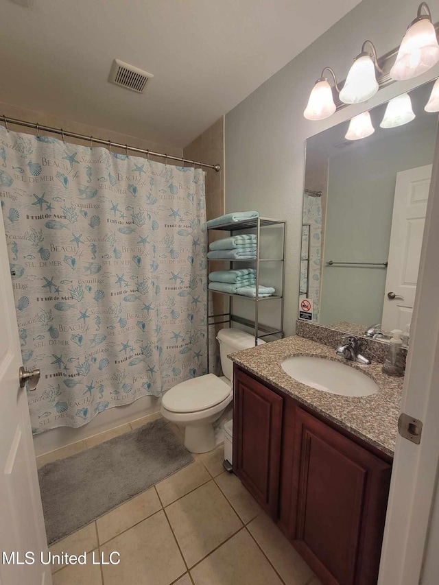 full bath with toilet, shower / bath combo with shower curtain, vanity, visible vents, and tile patterned floors
