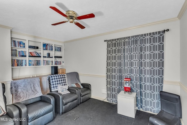 living area with dark carpet, ornamental molding, a textured ceiling, and ceiling fan