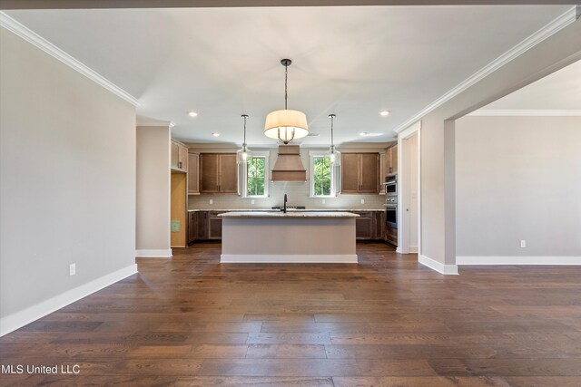 8025 Old Addison Dr, Olive Branch, MS 38654 - kitchen with ornamental molding, backsplash, dark wood finished floors, recessed lighting, and light countertops