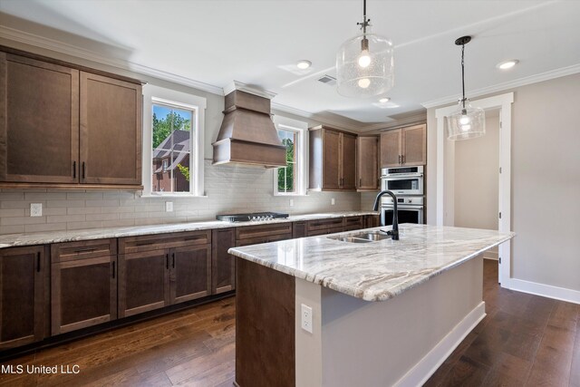 8025 Old Addison Dr, Olive Branch, MS 38654 - kitchen featuring custom range hood, crown molding, dark wood-style floors, a sink, and appliances with stainless steel finishes