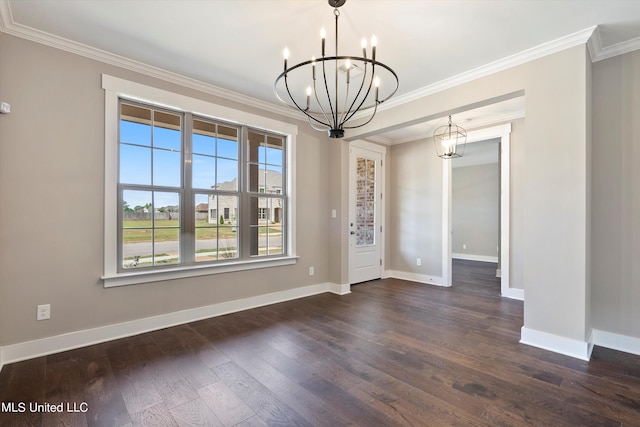8025 Old Addison Dr, Olive Branch, MS 38654 - unfurnished dining area with a chandelier, crown molding, dark wood-type flooring, and baseboards