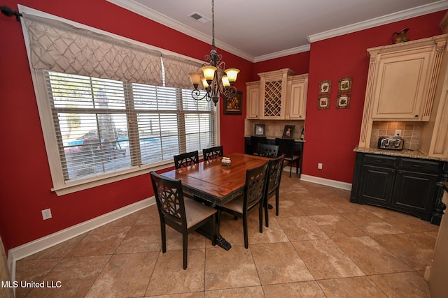 tiled dining space featuring crown molding and a notable chandelier