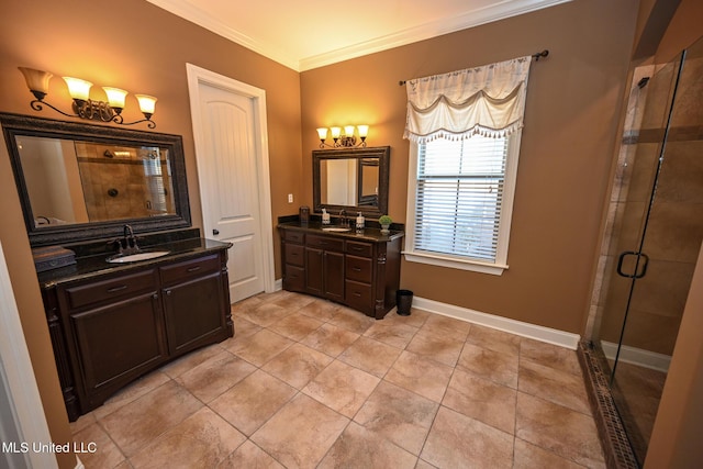 4111 Sir Thopas Dr, Southaven, MS 38654 - bathroom with walk in shower, tile patterned floors, vanity, and crown molding