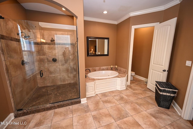 4111 Sir Thopas Dr, Southaven, MS 38654 - bathroom with tile patterned flooring, shower with separate bathtub, crown molding, and toilet