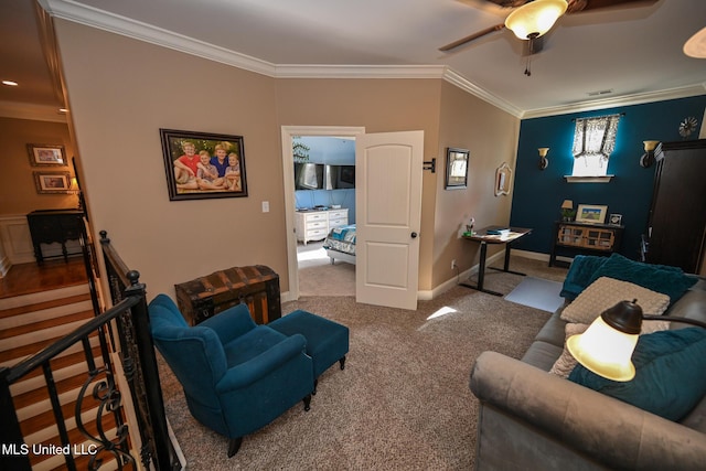 4111 Sir Thopas Dr, Southaven, MS 38654 - living room featuring crown molding, carpet, and ceiling fan