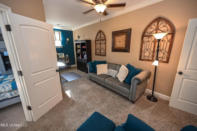 4111 Sir Thopas Dr, Southaven, MS 38654 - living room featuring ceiling fan, ornamental molding, and carpet flooring