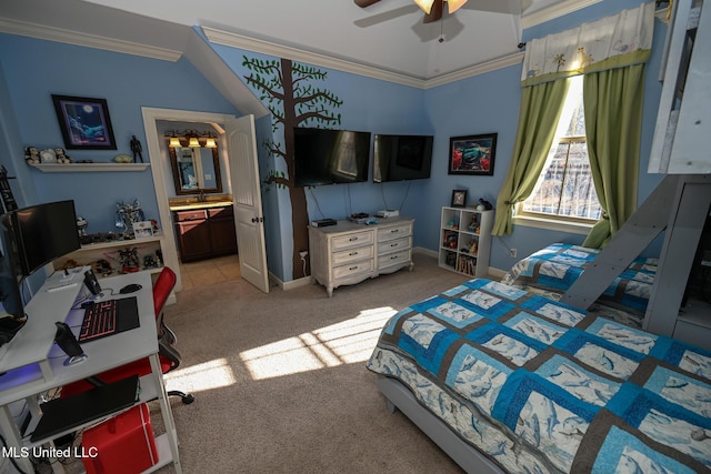 4111 Sir Thopas Dr, Southaven, MS 38654 - carpeted bedroom with crown molding, ensuite bath, and ceiling fan