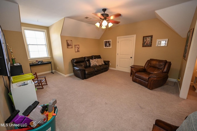 4111 Sir Thopas Dr, Southaven, MS 38654 - living room with ceiling fan, light colored carpet, and vaulted ceiling