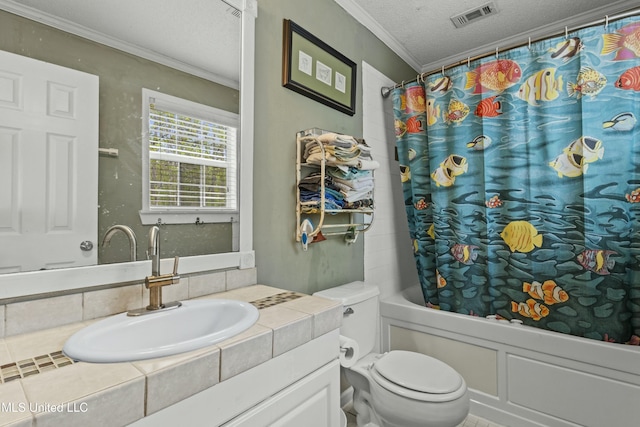 bathroom with shower / tub combo, ornamental molding, a textured ceiling, toilet, and visible vents