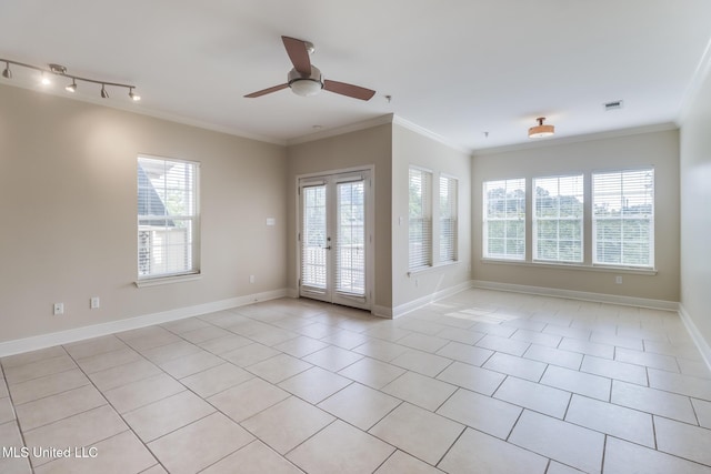 200 Jeff Davis Ave Unit 8, Long Beach, MS 39560 - spare room featuring ceiling fan, light tile patterned floors, crown molding, french doors, and baseboards