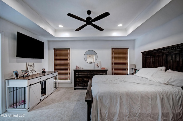 215 Moss Valley Dr, Brandon, MS 39042 - bedroom with light colored carpet, a raised ceiling, recessed lighting, and ceiling fan