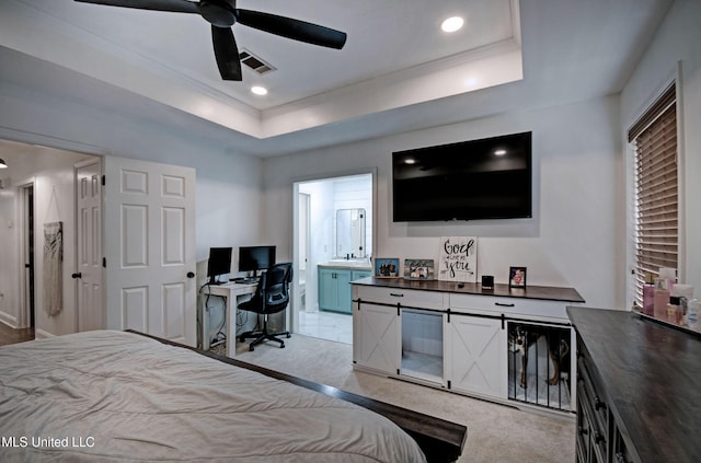 215 Moss Valley Dr, Brandon, MS 39042 - bedroom with a tray ceiling, ornamental molding, recessed lighting, a desk, and ensuite bathroom