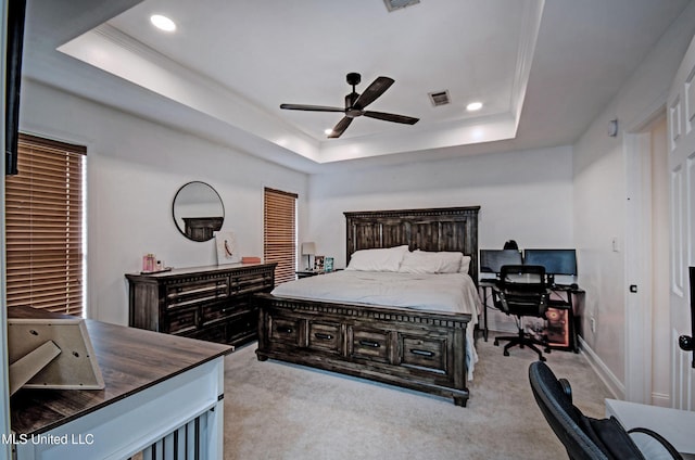 215 Moss Valley Dr, Brandon, MS 39042 - bedroom with a tray ceiling, carpet floors, recessed lighting, crown molding, and ceiling fan