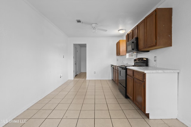 kitchen featuring black appliances, light tile patterned floors, ceiling fan, and ornamental molding