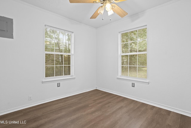 empty room featuring ceiling fan, dark hardwood / wood-style floors, ornamental molding, and electric panel