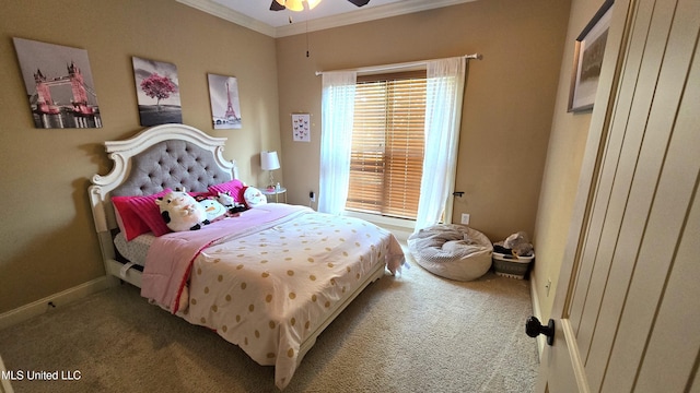 carpeted bedroom featuring ceiling fan and ornamental molding