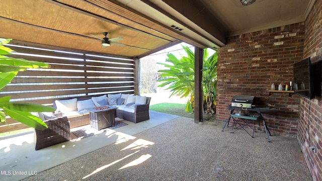 view of patio / terrace featuring outdoor lounge area, a grill, and ceiling fan