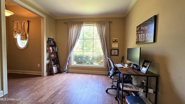 office area with crown molding and wood-type flooring