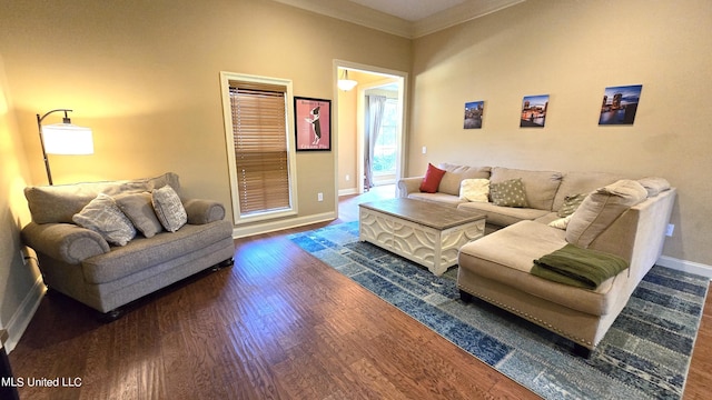 living room featuring dark wood-type flooring and crown molding