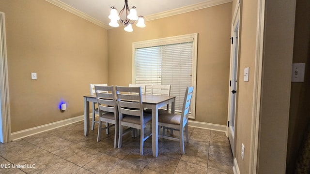 dining area with a notable chandelier, ornamental molding, and tile patterned flooring