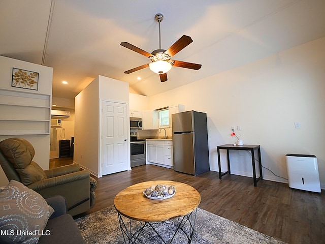 living room with a ceiling fan, lofted ceiling, dark wood-style floors, a wall mounted AC, and baseboards