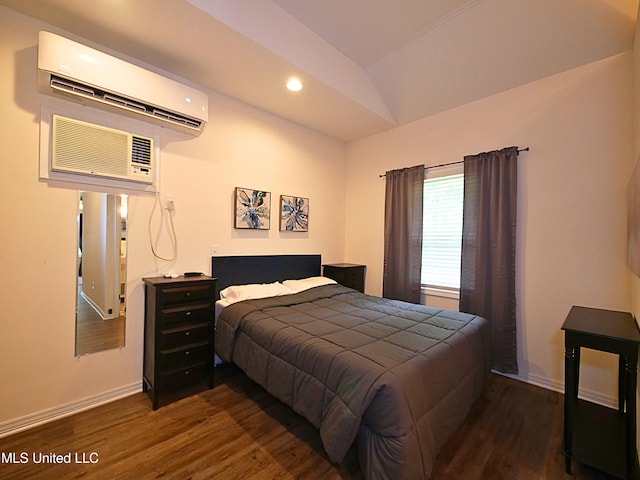 bedroom with a wall mounted AC, wood finished floors, baseboards, recessed lighting, and vaulted ceiling