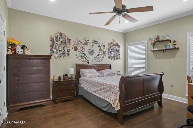 bedroom featuring a ceiling fan, dark wood-type flooring, baseboards, and ornamental molding