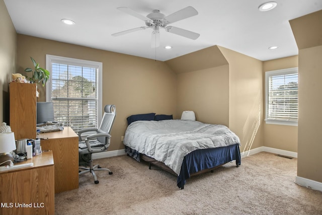 bedroom featuring recessed lighting, visible vents, baseboards, and light colored carpet