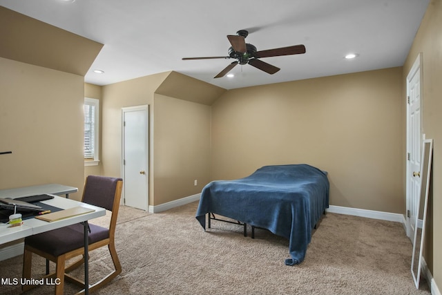 bedroom with recessed lighting, baseboards, carpet, and a ceiling fan