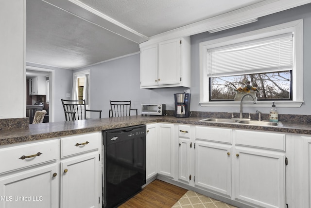 kitchen featuring sink, white cabinetry, black dishwasher, a textured ceiling, and dark hardwood / wood-style flooring