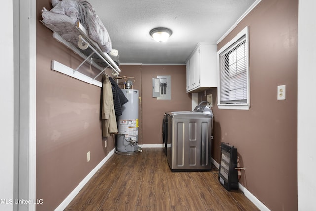 washroom featuring dark wood-type flooring, cabinets, a textured ceiling, independent washer and dryer, and water heater