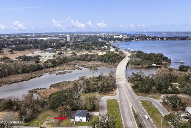 drone / aerial view with a water view