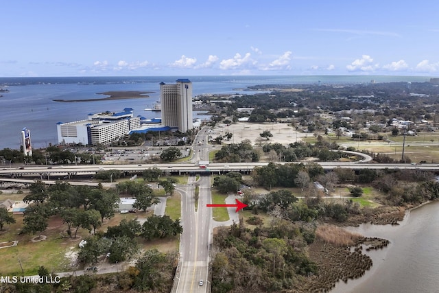 aerial view featuring a water view