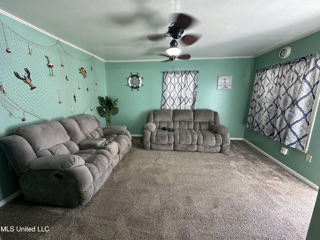 carpeted living room with ceiling fan