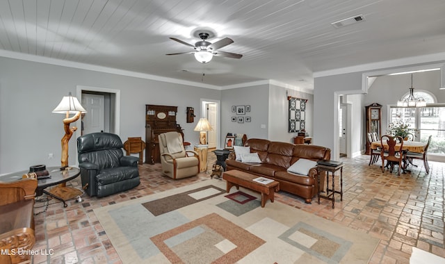209 Lake Terrace Pl, Brandon, MS 39047 - living room featuring brick floors, a chandelier, and a ceiling fan