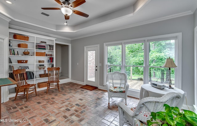 209 Lake Terrace Pl, Brandon, MS 39047 - sitting room featuring crown molding, healthy amount of natural light, ceiling fan, a raised ceiling, and recessed lighting