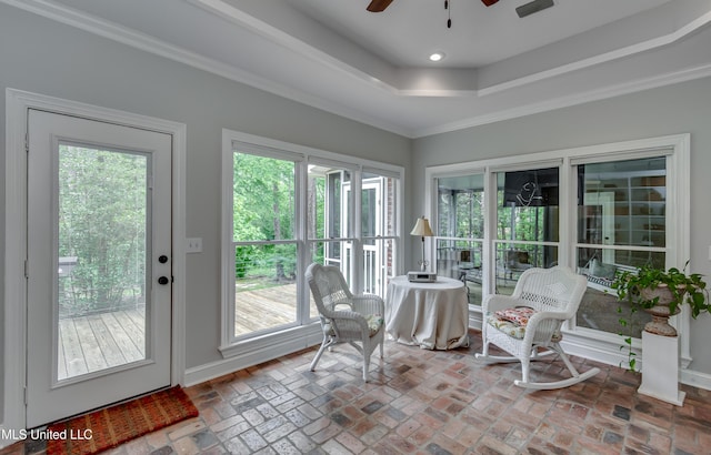 209 Lake Terrace Pl, Brandon, MS 39047 - sunroom / solarium featuring healthy amount of natural light, brick flooring, ornamental molding, a tray ceiling, and recessed lighting