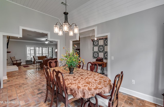 209 Lake Terrace Pl, Brandon, MS 39047 - dining room featuring brick floors, a chandelier, ceiling fan, crown molding, and wooden ceiling