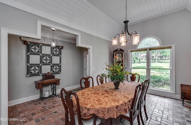 209 Lake Terrace Pl, Brandon, MS 39047 - dining room with brick floors, vaulted ceiling, wood ceiling, and a chandelier