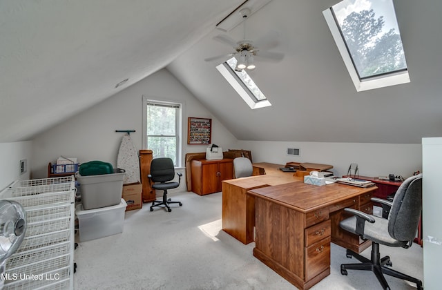 209 Lake Terrace Pl, Brandon, MS 39047 - office with a skylight, a ceiling fan, light carpet, and vaulted ceiling