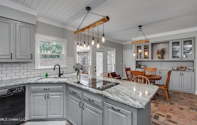 209 Lake Terrace Pl, Brandon, MS 39047 - kitchen featuring black appliances, a peninsula, brick floors, gray cabinetry, and ornamental molding