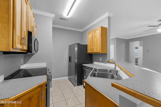 kitchen with stainless steel appliances, ornamental molding, sink, light tile patterned flooring, and ceiling fan