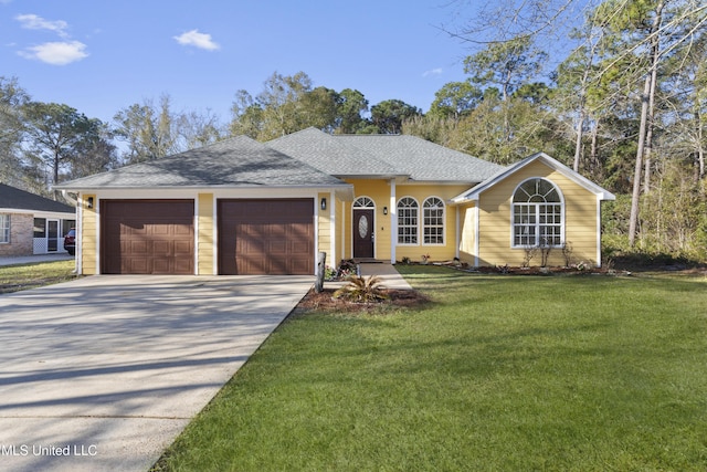 ranch-style home featuring a garage, driveway, a shingled roof, and a front lawn