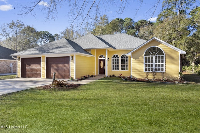 ranch-style house featuring driveway, an attached garage, a front lawn, and roof with shingles