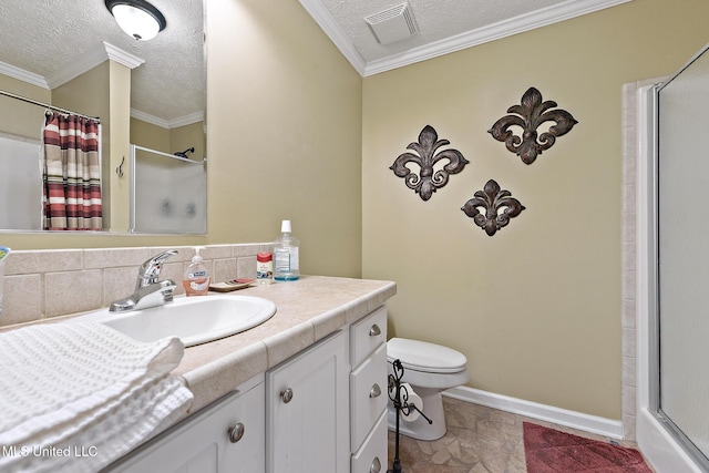 208 E Orchard Loop Unit 208, Diberville, MS 39540 - full bath featuring a textured ceiling, vanity, a shower with shower curtain, ornamental molding, and backsplash