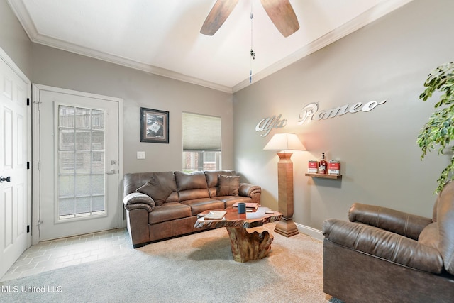 208 E Orchard Loop Unit 208, Diberville, MS 39540 - carpeted living area with ornamental molding, a ceiling fan, and tile patterned flooring
